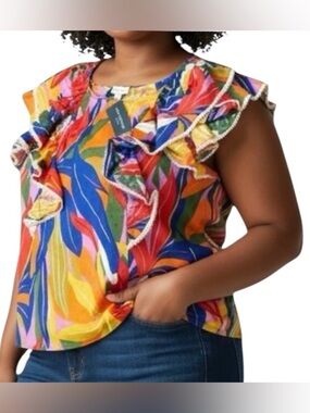 Marc New York Tropical Ruffle Multicolored blouse Cotton Plus Size 2X Flowy NWT